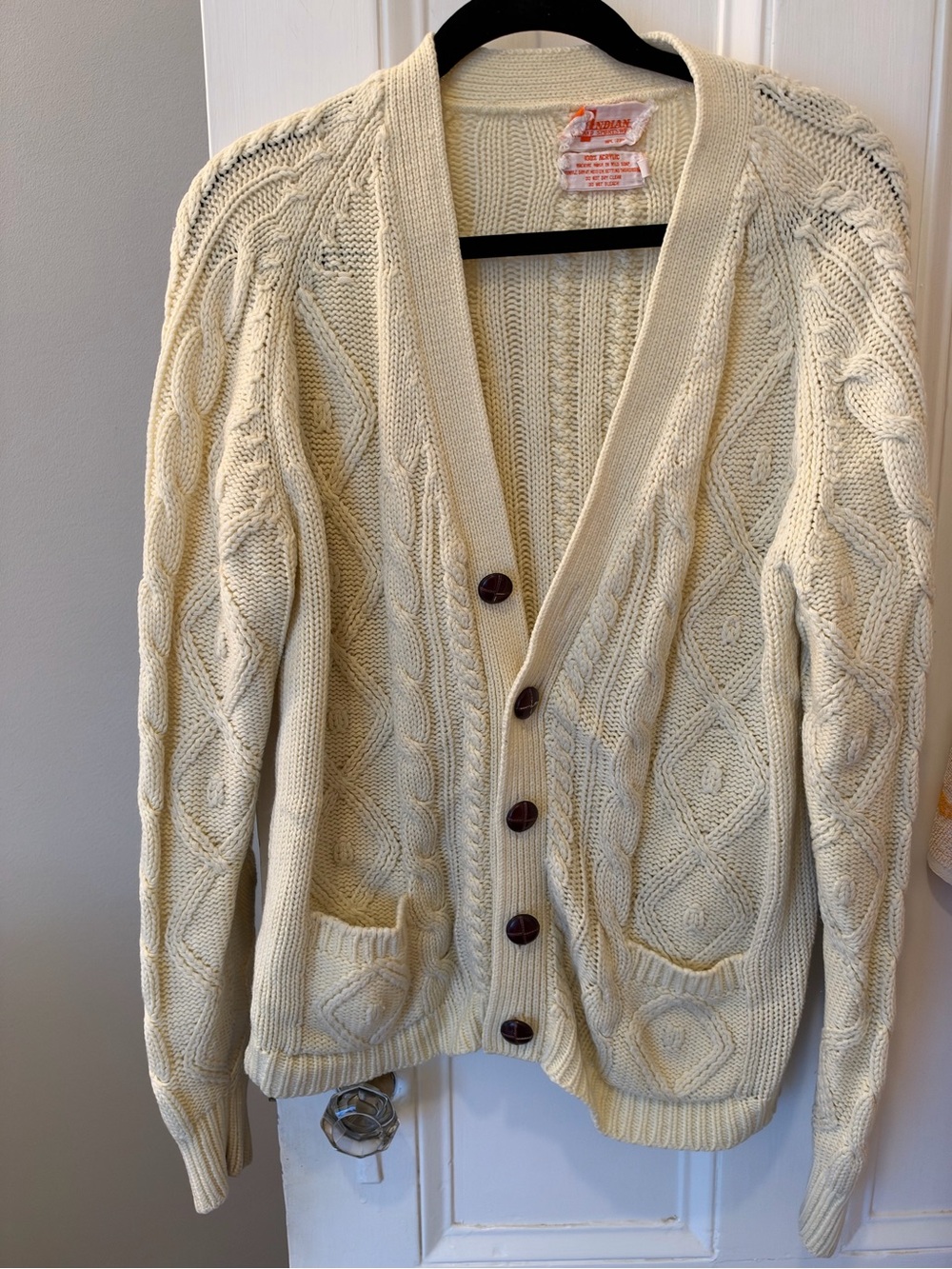 Vintage Women's Cream Cable-Knit Button Cardigan Sweater